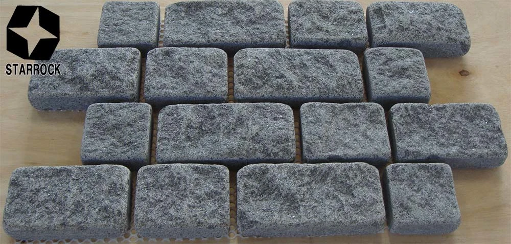 Black Basalt Cobblestone Mesh Back Garden Flamed Interlock Cube Stone Paving